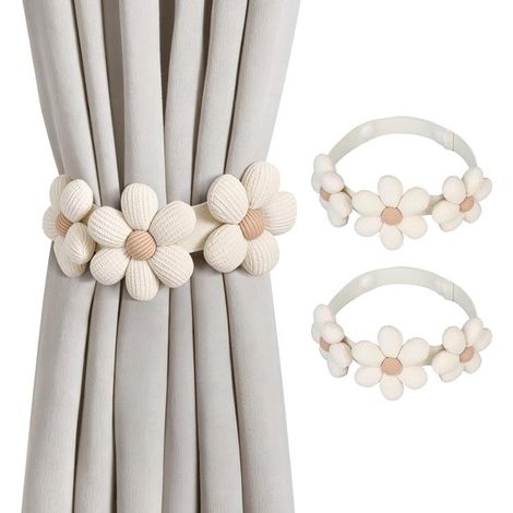 Vorhanghalter，Magnetische Holzperlen-Vorhänge，Boho-Sonnenblumen-Vorhanghalter，Wanddeko-Accessoires für Zuhause und Büro (2 Stück (1/5)