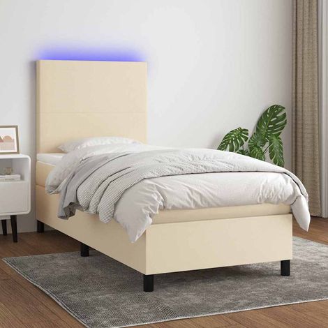 Cama box spring colchón y luces LED tela crema 90x200 cm (1/5)