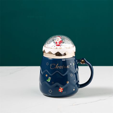 Mug de Noël en céramique (bleu), décoré d'un motif de Père Noël et doté d'un couvercle original. (1/5)
