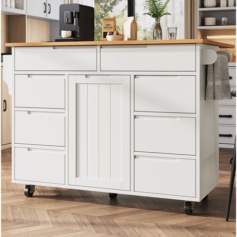 Îlot de cuisine 122x46x91.5 cm blanc en MDF avec plateau rabattable, 8 tiroirs et roulettes (1/5)
