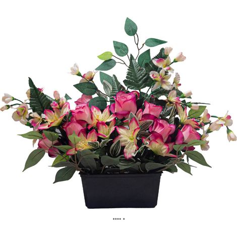 Devant de tombe fleurs artificielles pour le cimetière roses, Orchidées et lys H 50 cm Rose soutenu - couleur: Rose soutenu