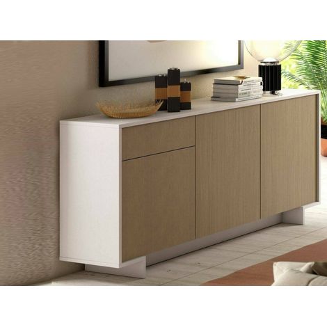 Dmora - Aparador Agrifoglio, Aparador de salón, Buffet de salón con 3 puertas y 1 cajón, 100% Made in Italy, 170x42h78 cm, Blanco y Roble (1/5)