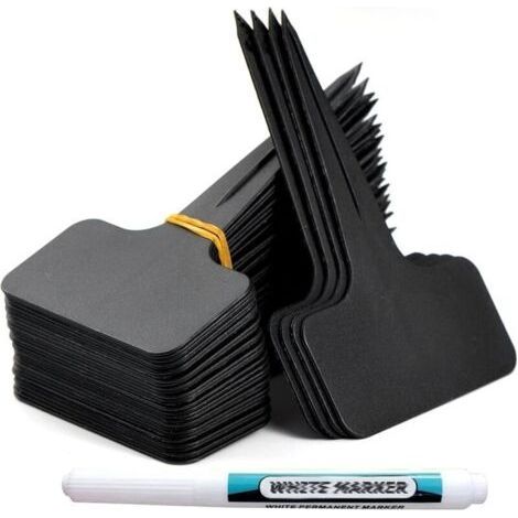 100 etichette per giardino da esterno, marcatori per piante in plastica a T, etichette per orto con penna impermeabile, etichette riutilizzabili e accessori per piante (nero) (1/4)