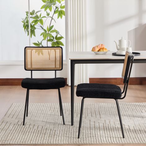 Lot de 2 chaises à manger en chenille sans accoudoirs. Cadre bois massif style rotin,pieds métalliques réglables,couleur noir contemporain. (1/5)
