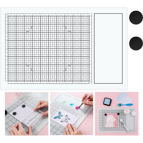 Tapis magnétique en verre pour travaux manuels, 39 x 25 cm, résistant à la chaleur, avec aimants et lignes de quadrillage et mesures pour découper, estamper, mixtes, estampage (1/5)