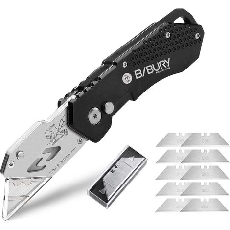 Cutter Pliant, Couteau de Poche avec 10 Lames Supplémentaire, Couteau en Acier inoxydable fourni Bouton de Déclenchement Rapide et Poignée Ergonomique - Noir (1/5)