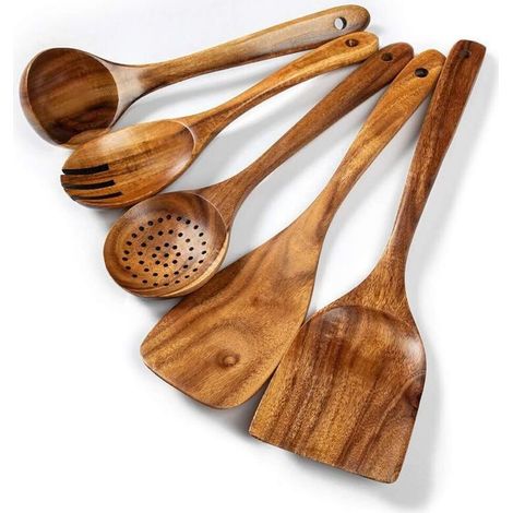 Ustensiles de Cuisine Bois - Set de Cuisine Premium 5 Pièces - Ensemble d'Ustensiles en Bois de Teck Facile à Nettoyer - Matériau Léger, Résistant à la Chaleur, Durable & Anti-Rayures (1/5)