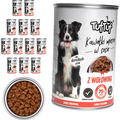 Cibo umido per cani TufTuf al gusto manzo, lattina da 12 x 415 g, bocconcini in salsa. (1/3)