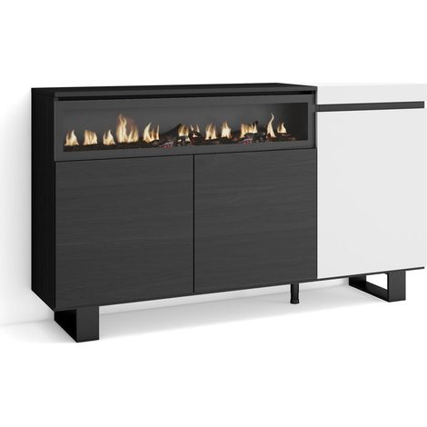 Skraut Home - Aparadores para salón, Gran capacidad de almacenaje, 150x87x35cm, 3 Puertas, Chimenea eléctrica, Diseño industrial, Estilo Moderno, Blanco y negro (1/5)