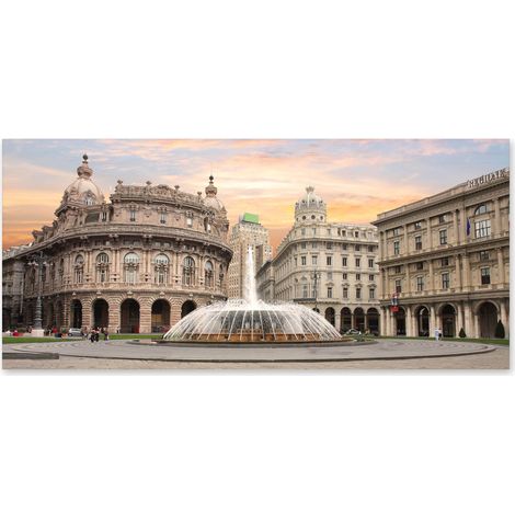 Lupia - Quadro moderno su Tela Canvas DEEP 65X143 cm, con paesaggi e localismi italiani, per casa, soggiorno, capezzale camera da letto, hotel, ufficio, GENOVA - PIAZZA FERRARI (1/4)