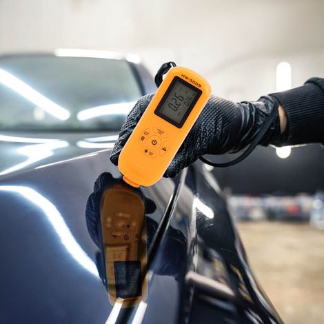 Lackdickenmesser, Lacktiefenmesser, drei Maßeinheiten: μm/mm/mils. Verwendung in der Fertigung, an Produktionsanlagen und Verarbeitungsmaschinen. Farbe: Orange. (1/5)