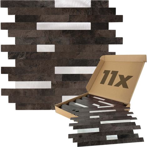 Wandpaneele selbstklebend Mamor-, und Steinoptik 1m², 11 Stück Wandverkleidung feuchtigskeitsbeständig, Premium Qualität für Bad und Küche, rechteckige Form - Dunkelbraun Silber
