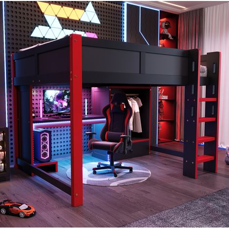Letto a soppalco 140x200 cm con LED, scrivania, armadio e cassetti, nero e rosso DESVIAE (1/5)