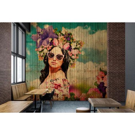 Papier peint panoramique floral original Tapisserie panoramique multicolore avec femme & fleurs Papier peint panoramique bois pour salon (1/3)