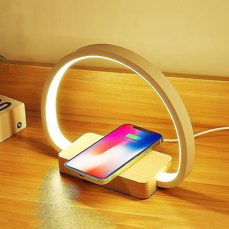 Lampe de chevet avec chargeur sans fil 10 W et chargement USB, veilleuse tactile en bois à intensité variable (3 niveaux) pour chambre, bureau ou espace de travail. (1/5)