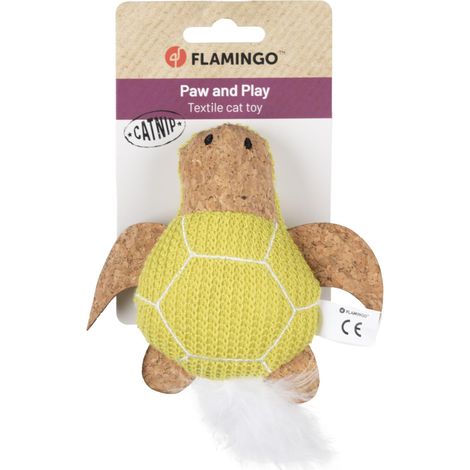 Jouet pour Chat Tortue Verte en Tissu Effet Liège avec Plumes et Catnip 12cm (1/3)