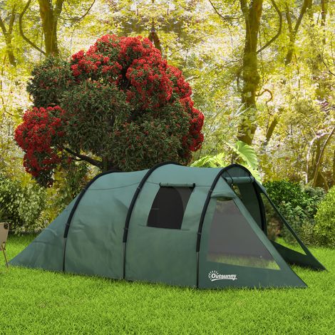 Tente de camping pour 3-4 personnes. Deux pièces intérieures. Fenêtres en filet. Verte. 4,75 x 2,64 x 1,72 m (1/5)