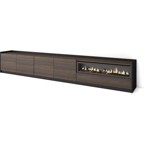 Skraut Home - Mueble TV, Televisión, 310x37x50cm, Para TV hasta 80", Chimenea eléctrica, Roble oscuro y Negro (1/5)