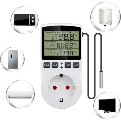 220V Digital Temperature Controller Thermostat Plug for Heating and Cooling with Probe, LCD Temperature Controller Plug for Fridge, Incubator, Greenhouse, Fan (1/4)