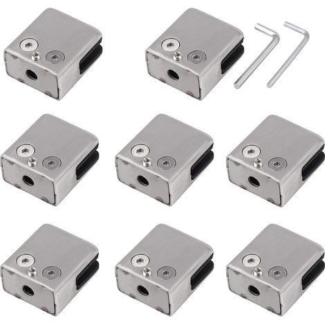 Lot de 8 pinces à verre en acier inoxydable 304 -Support carré pour verre -Support réglable en verre plat pour escalier balustrade - Main courante polie - (carré de 8 à 10 mm)