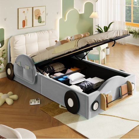 Lit enfant 90x200 cm en tissu peluche gris, gain de place avec rangement pour chambre FloraGrace (1/5)