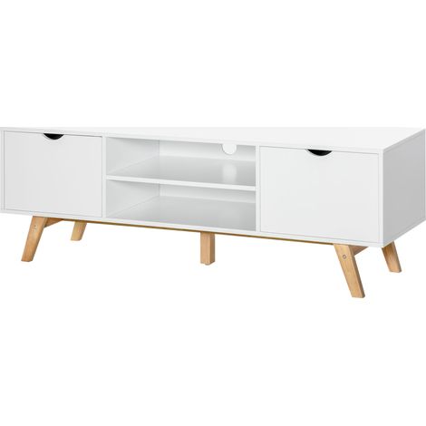 Meuble TV Banc TV sur Pied Moderne Scandinave 2 Portes 2 niches en Bois Blanc 150L x 39l x 50H cm