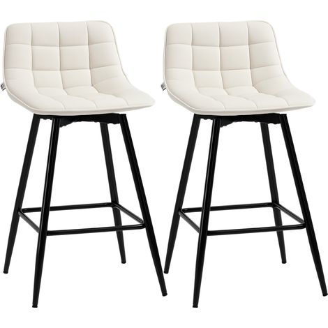 Set 2 Sgabelli Alti in Stile Nordico con Schienale e Poggiapiedi, Sgabelli con Schienale in Tessuto Effetto Velluto e Metallo, 45x47x84 cm, Crema