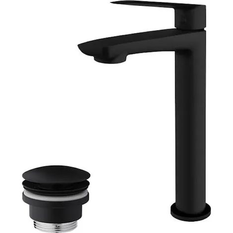 Mitigeur de lavabo avec bec haut et garniture de vidage (bouchon) noir mat (1/3)