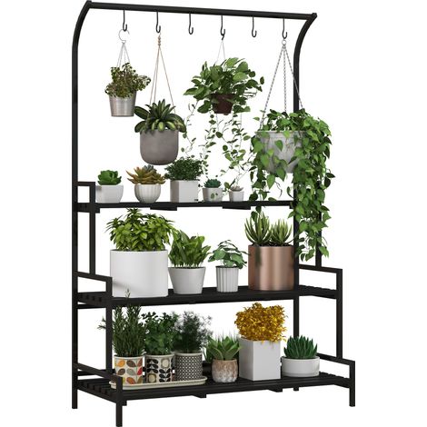 Blumenständer, 3 Etagen, 6 Haken, Indoor & Outdoor, Metallrahmen, 170H x 110L x 50B cm, Schwarz