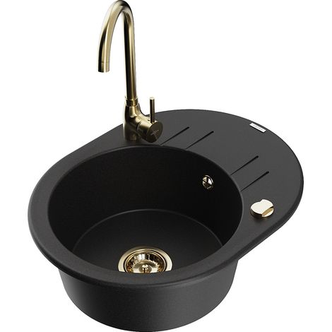 Mexen Kevin fregadero de granito de 1 cubeta con escurridor y grifo de cocina Telma, negro - 6517-77-670200-50 (1/5)