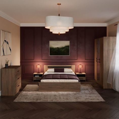 Ensemble chambre adulte PARISOT AZUKA lit 140x190, 2 chevets, commode 3 tiroirs, armoire 3 portes miroir, Orme Torréfié noir