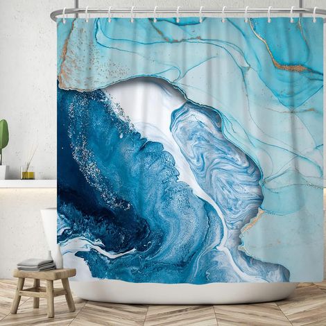 180x200cm Rideau de Douche en marbre Bleu Encre Bleue Rideau de Salle de Bain texturé Luxe Ombre Rideaux de Douche Modernes Rideau de Baignoire Lavable avec Crochet pour Salle de Bain (1/5)