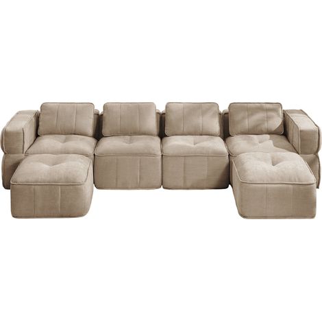 Sofá modular en U de 4 plazas con 2 pufs de poliéster y espuma 32D, arena MODENUIT (1/5)