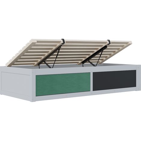 Cama infantil de madera gris 90 x 200 cm con arcón hidráulico, pizarra y estante para libros (1/5)