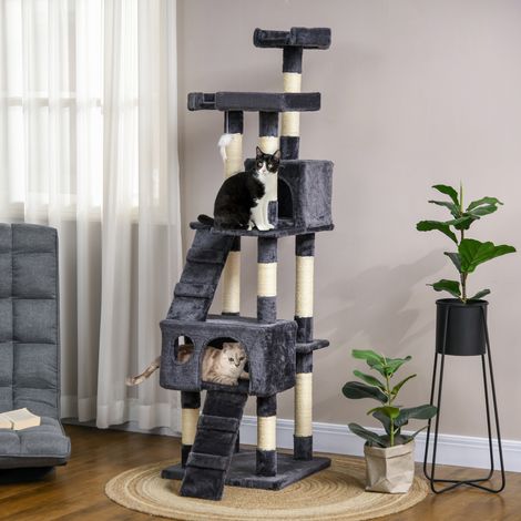 Tiragraffi per gatti, torre per gatti con nidi, scalette, giocattoli sospesi e pali in sisal, 49x49x173 cm, grigio scuro