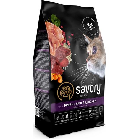 Croquettes Savory Premium pour chat adulte stérilisé, agneau et poulet, 400 g (1/5)