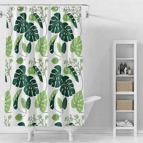 Rideau de salle de bain en PEVA avec 12 crochets, anti-moisissure, 180 x 180 cm, motif feuilles tropicales (1/5)