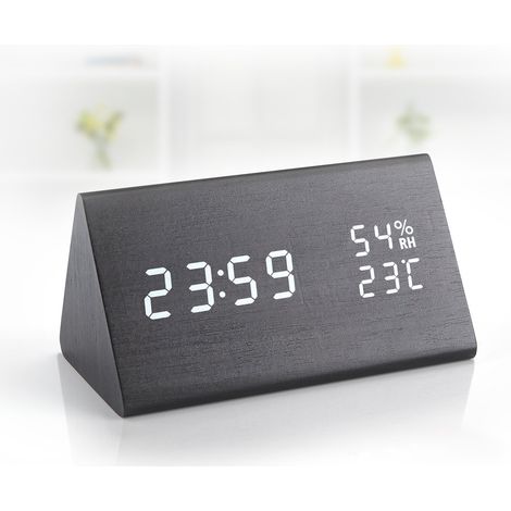 Réveil numérique, réveil de bureau en bois avec luminosité réglable et commande vocale, grand affichage de l'heure et de la température, batterie rechargeable et câble USB inclus, noir. Idéal pour la (1/5)