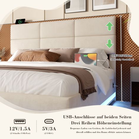 Lit 180x200 cm en velours moderne avec tête de lit réglable - USB/Type-C intégrés, éclairage LED d'ambiance, système de levage hydraulique et grand espace de rangement (sans matelas) - Beige (1/5)