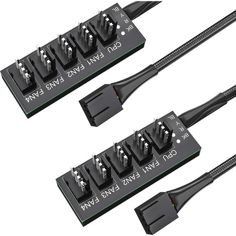 2 Pièces Hub Ventilateur PWM, PWM Fan Hub, Hub for 4-pin PWM Fans, Splitter 5 Voies, Adaptateur Câble Manchonné pour Ventilateurs de Boîtier d'Ordinateur 12V, Compatible avec Connecteurs 3 Broches