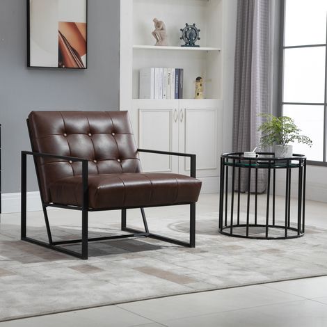 Fauteuil de salon Chesterfield Fauteuil Relax Assise Dossier capitonnés Structure métal revêtement synthétique Chocolat Noir