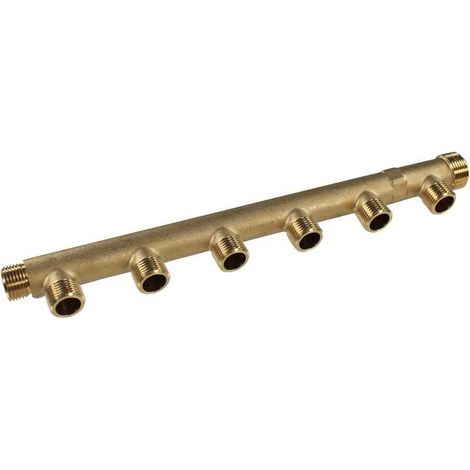 Arcanaute – Nourrice sanitaire matricée 6 départs 1/2" – Arrivée Mâle 3/4" et Femelle 1/2" – Entraxe 50mm – Laiton CW617N