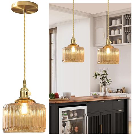 Suspension vintage avec verre strié, Lampe suspendue rétro – Douille E27, Hauteur de câble réglable – Idéale pour chambre, couloir, entrée, chevet – Ampoule non incluse