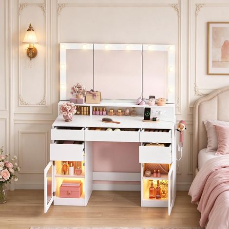 Coiffeuse avec miroir LED 104 cm - 5 tiroirs et 2 placards avec étagères réglables - Prise USB et Type-C - Éclairage 3 couleurs réglable - Blanc (1/5)