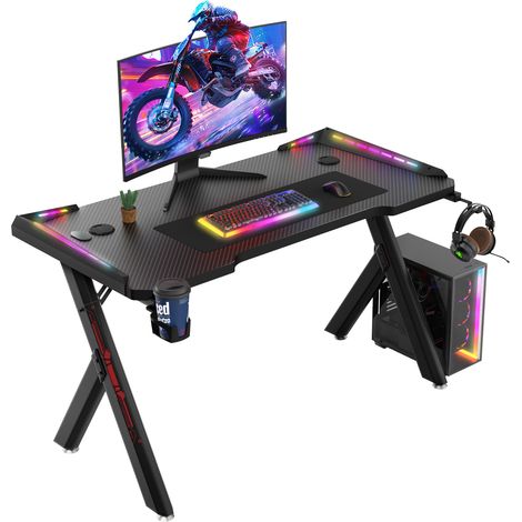 BIGZZIA Gaming Desk RGB Lighting Ergonomic Gamer Workstation, Carbon Fibre Surface, Cup Holder and Headphone Hook, 120x60x72cm (1/5)