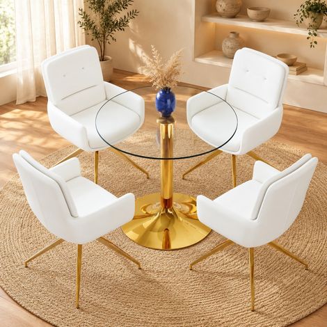 Set tavolo e 4 sedie, tavolo rotondo 85 cm, vetro temperato, bianco e oro DESVIAE (1/5)