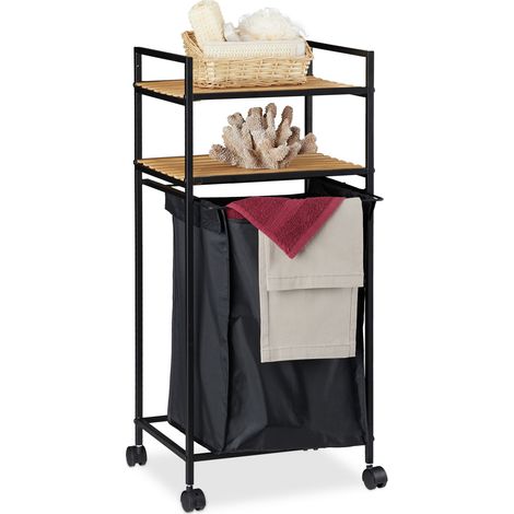 relaxdays Scaffale con Rotelle per Il Bagno, 2 Ripiani, Metallo, bambù, HxLxP: 89,5 x 39 x 32,5 cm, Nero/Legno Naturale (1/5)