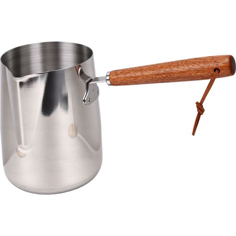 Brocca per montare il latte in acciaio inox 304 con manico in legno e beccuccio versatore, ideale per caffè, decorazioni, riscaldamento, olio, burro e cioccolato, 1000 ml. (1/5)