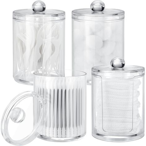 4 Distributeur de Cotons-Tiges en Transparent, Support pour Cotons-Tiges Boîte de Rangement pour Cotons-Tiges, Distributeur de Tampons en Coton pour la Salle de Bain et le Maquillage (1/5)