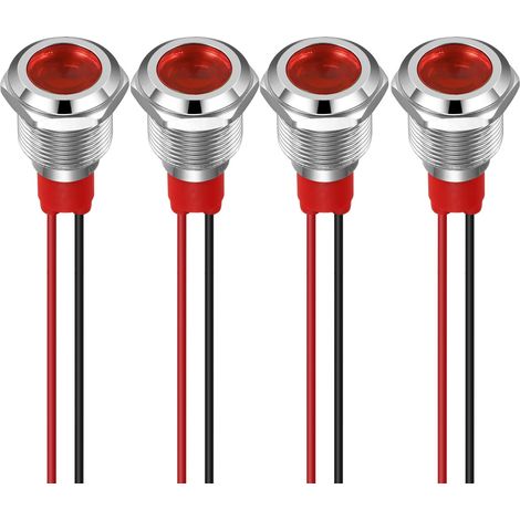 4pcs 12mm Voyant LED 220-230V Signal Lumineux étanche Panneau Métallique Voyant LED Montage sur Panneau Tête Plate avec Fils Coque Argentée (Rouge) (1/5)
